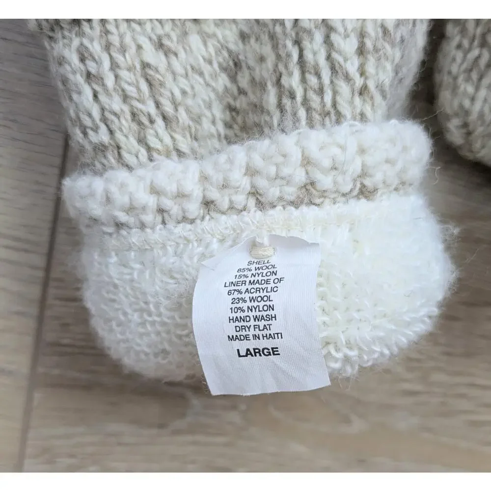 Wool 85% Blend Knit Mittens Large Oatmeal Beige Fleece Lined Rustic Warm Haiti